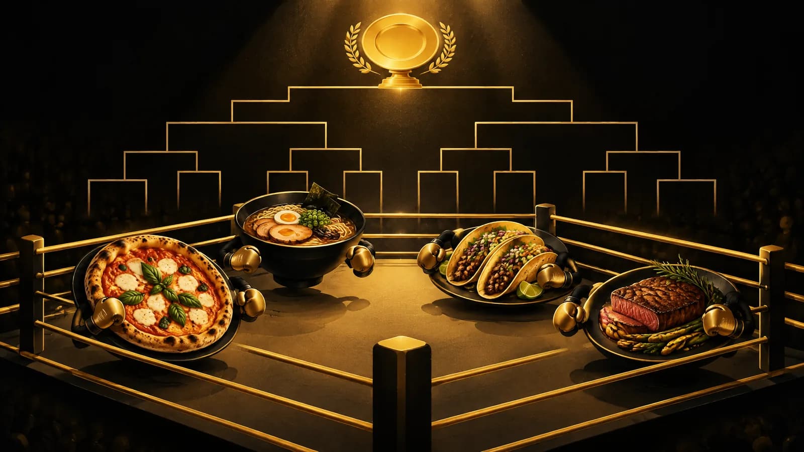 Illustration: restaurant plates in boxing gloves squaring off in a gold boxing ring under a tournament bracket