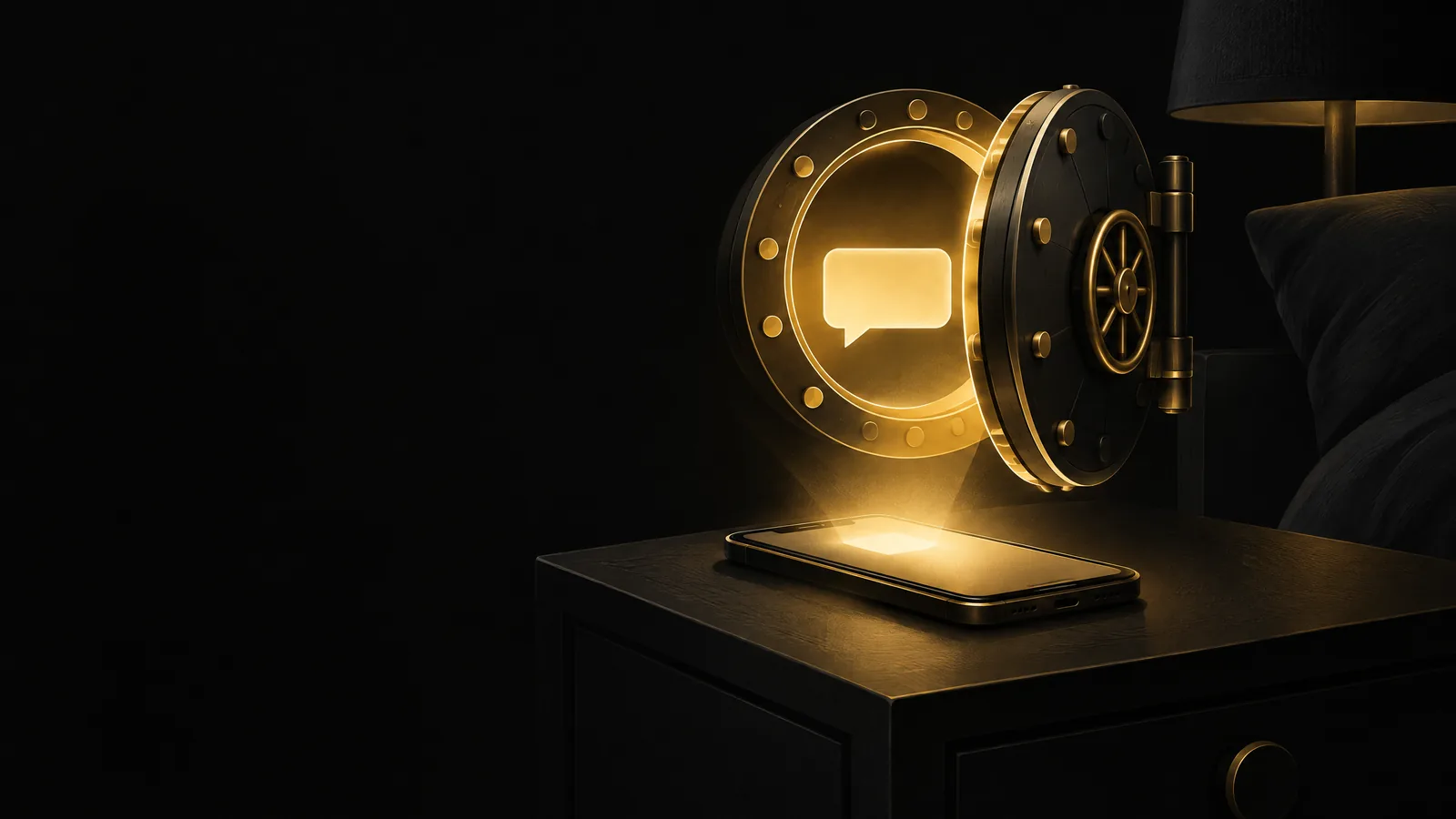 Illustration: a phone on a bedside table at night, its message held behind a glowing gold vault door