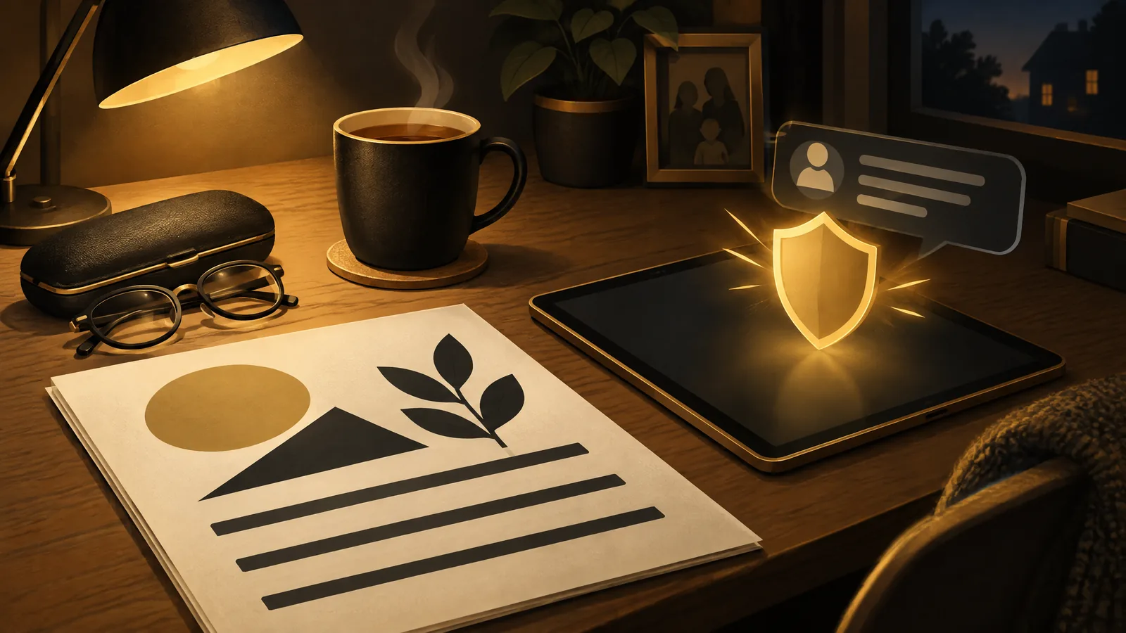 Illustration: a warm desk with a big-print guide beside a tablet, a gold shield blocking a suspicious message