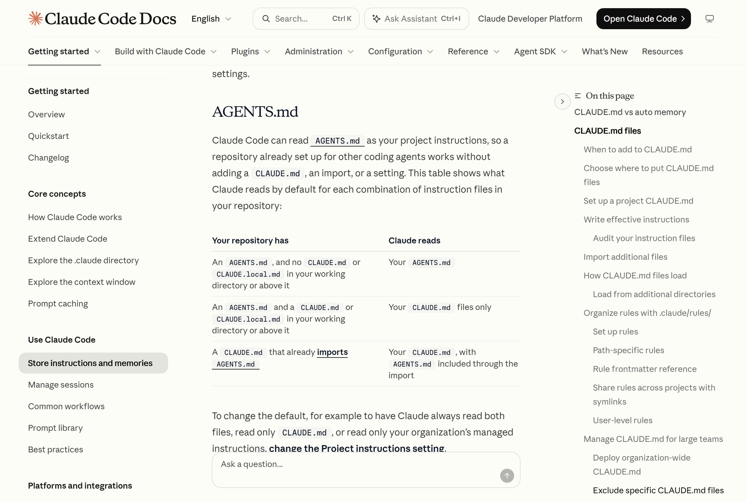 The AGENTS.md section of the Claude Code memory docs, with a table of which file Claude reads