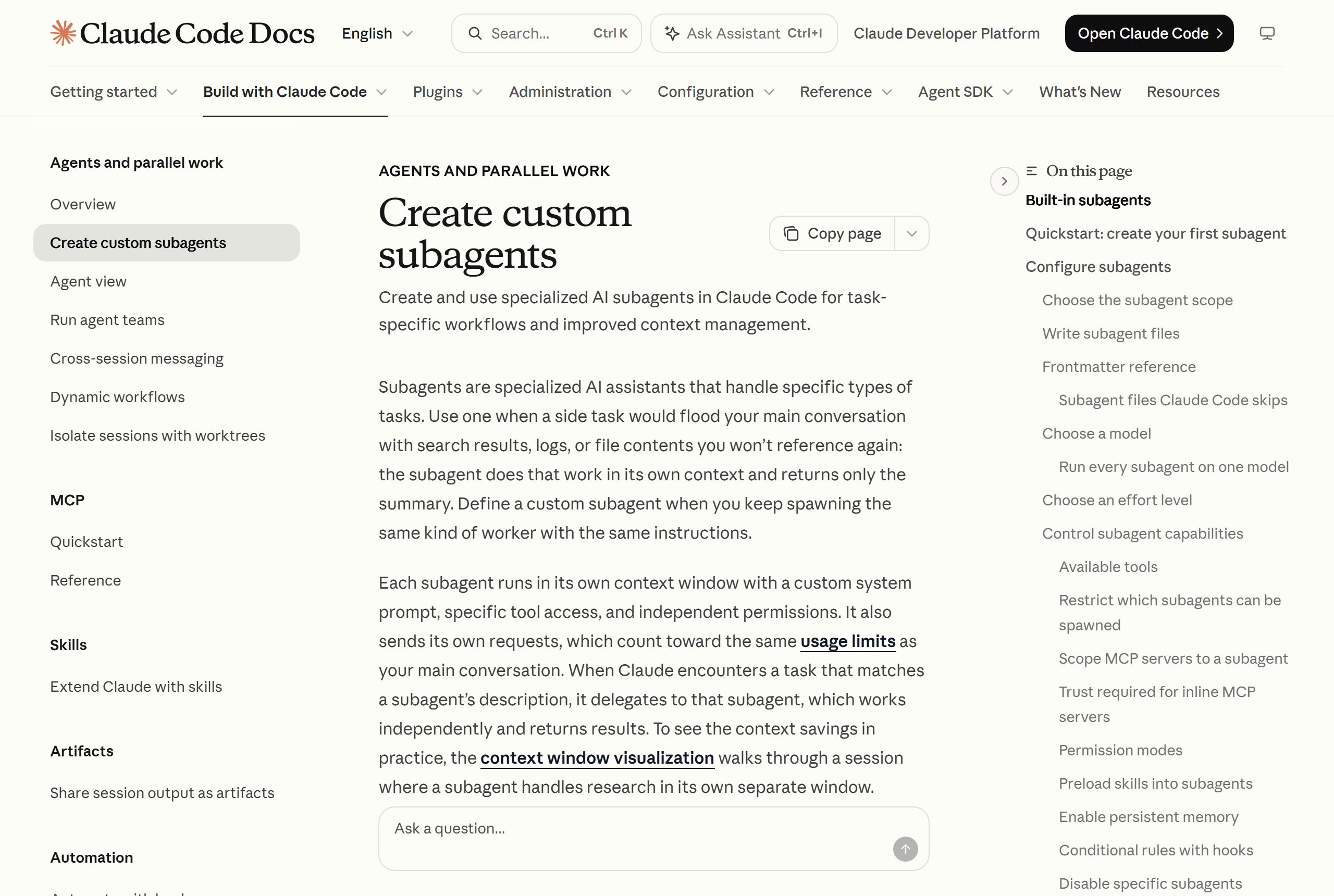 The Create custom subagents page in the Claude Code docs