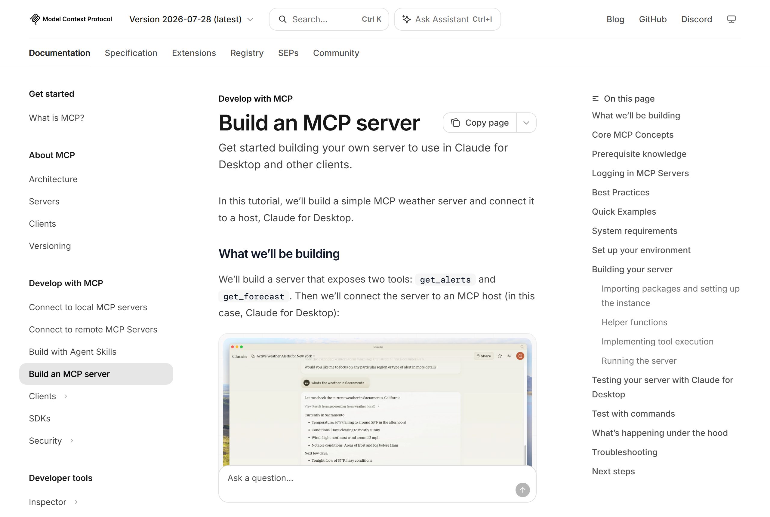 The Build an MCP server page in the Model Context Protocol docs, version 2026-07-28