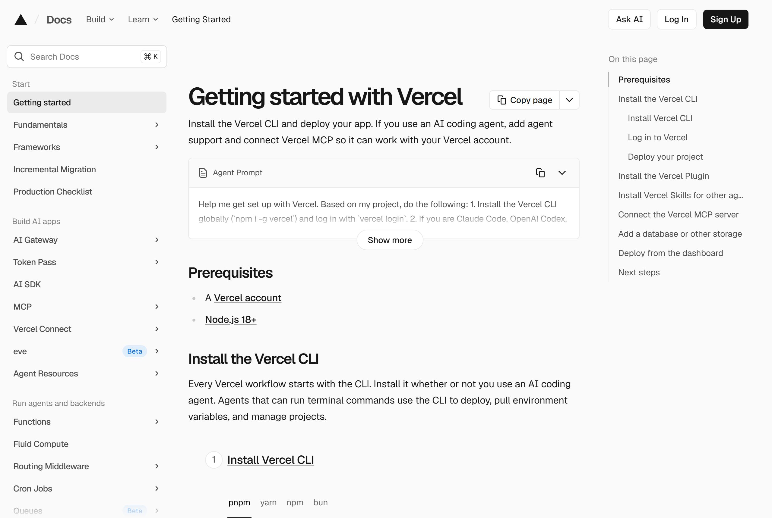 Vercel's Getting started docs page showing the steps to install the Vercel CLI and deploy